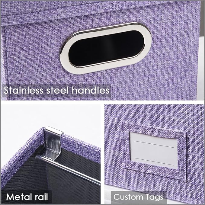 PRANDOM File Organizer Box - Set of 2 Collapsible Decorative Linen Filing Storage Hanging File Folders with Lids Office Cabinet Letter Size Purple (14x9.3x10.8 inch)-DeskLoop Office