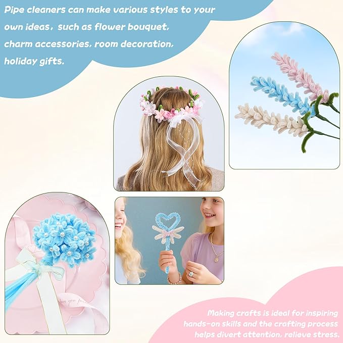 400 Pcs Craft Pipe Cleaners Flowers,5 Assorted Colors Chenille Stems Bulk with Floral Wires, Gardening Tape,Greeting Card,Bouquet Paper,Hot Glue Stick,Pearl & Ribbon,Ideals for Various Types Decor-DeskLoop Office