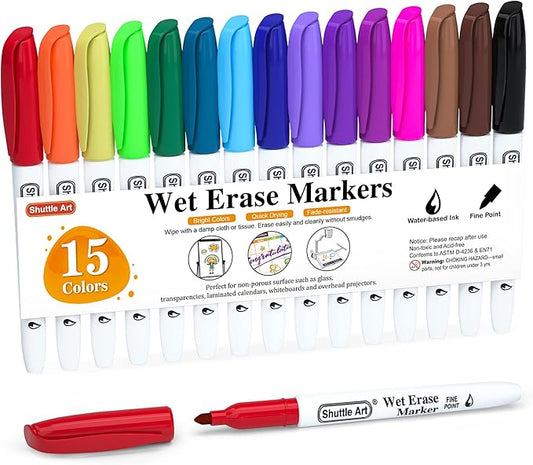 Shuttle Art Wet Erase Markers, 15 Colors 1mm Fine Tip Smudge-Free Markers, Use on Laminated Calendars,Overhead Projectors,Schedules,Whiteboards,Transparencies,Glass,Wipe with Water-DeskLoop Office