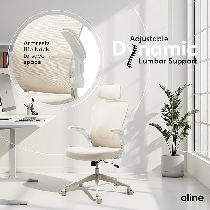 Oline ErgoAir Ergonomic Office Chair – Adjustable Lumbar Support, Flip-Up Armrests, Mesh Computer Desk Chair, Swivel Rolling Executive Gaming Chair for Home & Office (Beige)-DeskLoop Office