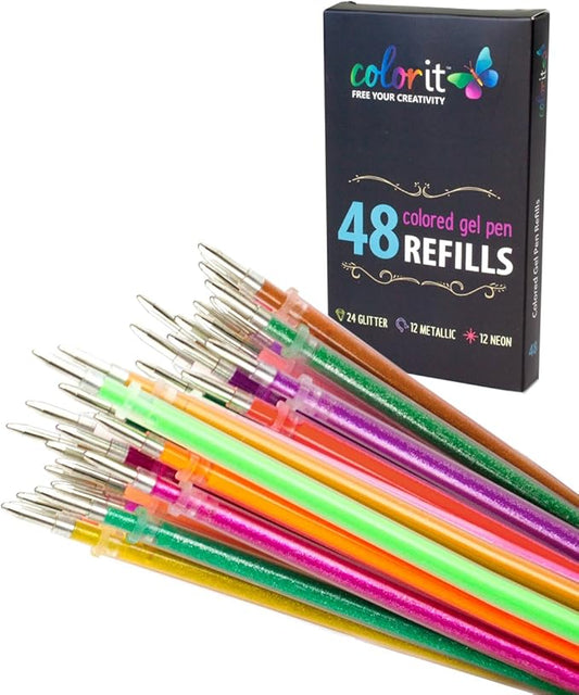 ColorIt 48 Gel Pen Ink Refills for Glitter, Metallic, and Neon - Color Coded for Easy Replacement (Gel)-DeskLoop Office