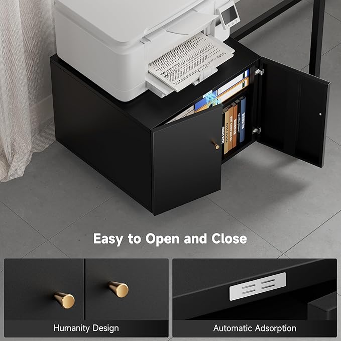 Warmiehomy Metal Printer Stand with Storage Mobile Printer Tables for Small Spaces with Door Adjustable Shelf Black File Cabinet on Wheels for Home Office-DeskLoop Office