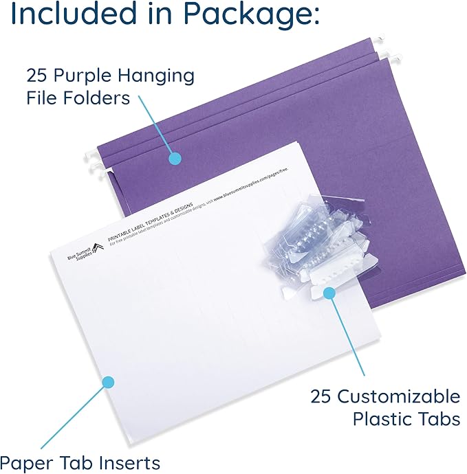 25 Blue Summit Supplies Purple Hanging File Folders - Letter Size, Durable 11pt Paper, Hanging File Folders, Purple, with Plastic Tabs and Inserts Included-DeskLoop Office