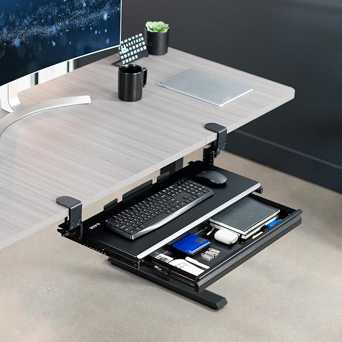 VIVO Large Height Adjustable Clamp-on Keyboard Tray, Extra Sturdy Pull Out Platform with Storage Drawer, 27 (33 Including Clamps) x 11 inch Slide-Out Tray with Organizer, Black, MOUNT-KB05HB-DR-DeskLoop Office