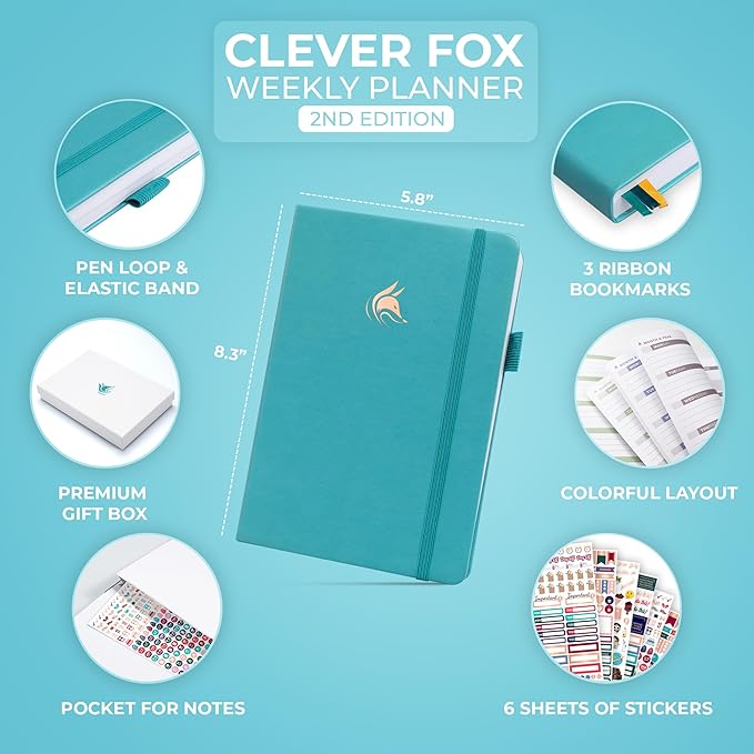 Clever Fox Planner 2nd Edition – Colorful Weekly & Monthly Goal Planner, Time Management & Productivity Organizer, Undated, A5 (Turquoise)-DeskLoop Office