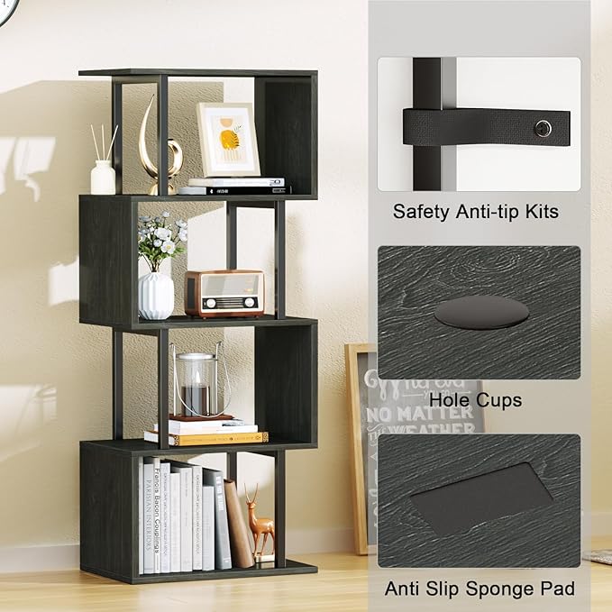 Furologee Geometric Bookshelf 5 Tier Bookcase, Industrial S-Shaped Display Storage Shelf for Small Space, Tall Metal Wood Decorative Standing Shelves for Bedroom, Living Room, Office, Black Oak-DeskLoop Office