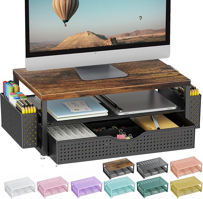 gianotter Wood Monitor Stand Riser, Office Desk Shelf Organizer, Desk Organizer with Drawer and Pen Holder, 2-Tier Computer Stand, Office Organization (Wood)-DeskLoop Office