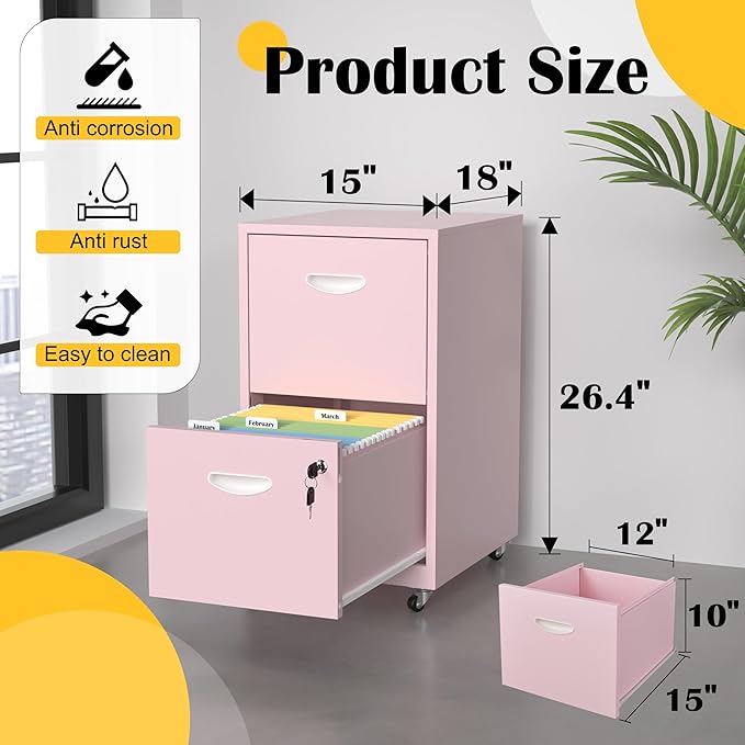 2 Drawer File Cabinet with Lock,Pink Rolling File Cabinet for Home Office, Metal Small Mobile Filing Cabinets on Wheels for Hanging Letter