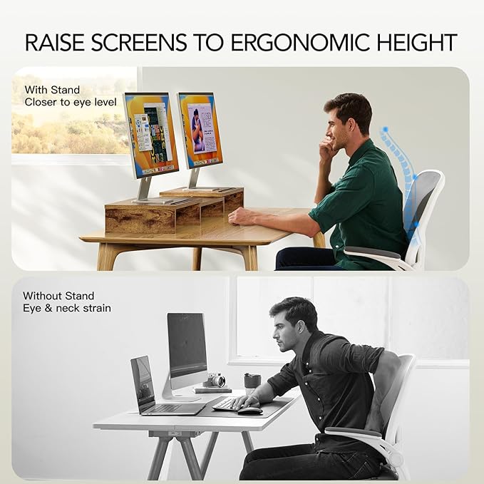 AMERIERGO Dual Monitor Stand Riser- 3 Shelf Screen Stand with Adjustable Length and Angle, 2 Extra Functional Slot Desktop Organizer Stand for PC, Computer, Laptop (Rustic Brown)-DeskLoop Office