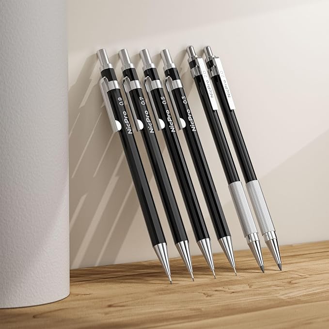 Nicpro 33PCS Black Metal Mechanical Pencil Set in Leather Case, Art Drafting Pencil 0.3, 0.5, 0.7, 0.9 mm, 2mm Lead Holders for Sketching Drawing With 18 Tube (6B 4B 2B HB 2H 4H Colors) Lead Refills-DeskLoop Office