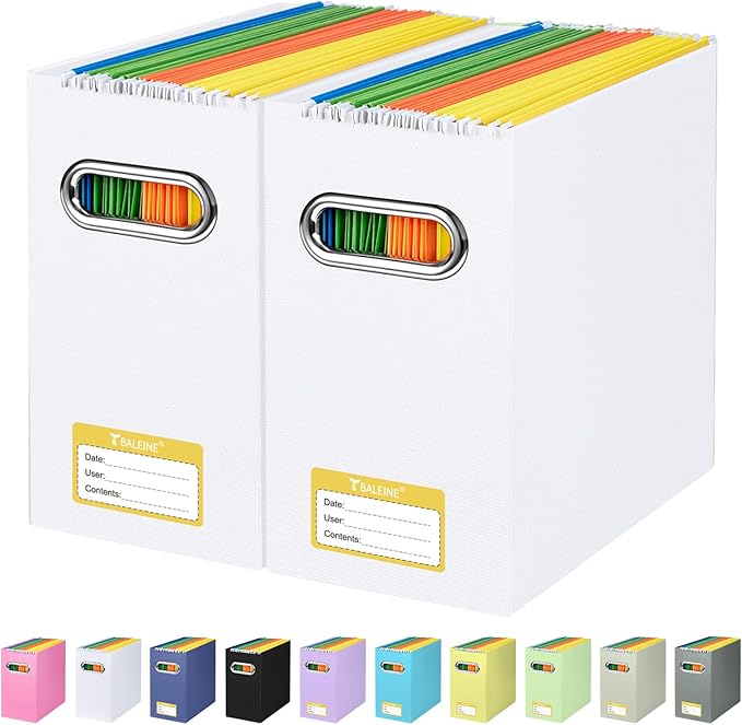 BALEINE File Organizer Box, Cardboard File Folder Organizer with Handle for Letter Size, Portable Collapsible Hanging Filing Box for Home Office Document Storage (2 Pack, White)-DeskLoop Office