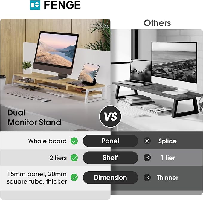 Fenge Dual Monitor Stand for Desk, 42.5in Large Monitor Riser for 2 Monitors, 2 Tier Computer Office Desk Top Shelf, Desktop Storage Stand for Laptop, PC, Computer, Printer-DeskLoop Office