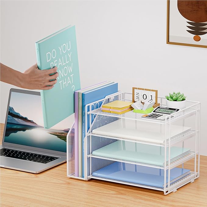 Marbrasse Desk Organizer and Accessories,4-Tier Paper Letter Tray Organizer with File Holder,Desk Accessories & Workspace Desktop Organizers for School Home Office Supplies (White)