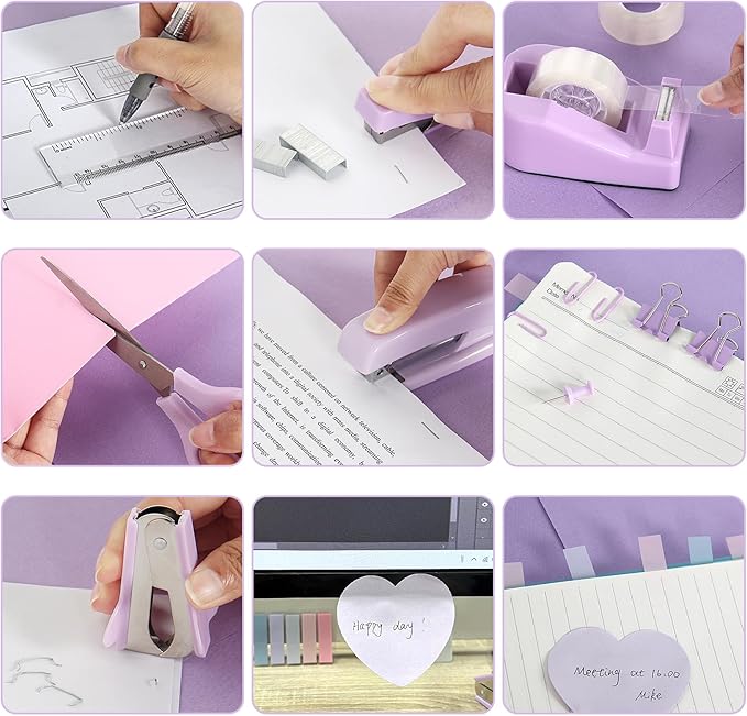 Office Supplies Set, Purple Stapler and Tape Dispenser Set with Staple Remover, Stapler and Staples Set with 1000 Staples, Clips, Tape, Scissor and Tabs, Desk Accessories for Women Student-DeskLoop Office
