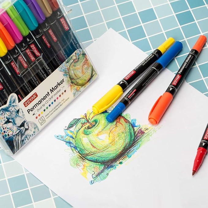 ZEYAR Twin Tip Permanent Markers, CD/DVD Markers, 12 Color, Ultra Fine Point and Fine Point for Signature and Marking (12 Colors)-DeskLoop Office