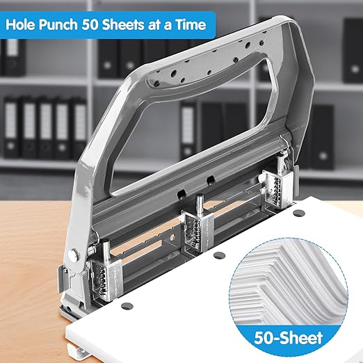 AFMAT Heavy Duty 3 Hole Punch, 50-Sheet, 50% Reduced Effort, Adjustable Two & Three Hole Punch, Metal Paper Puncher w/Large Chip Tray, Metal Paper Guide, Gray-DeskLoop Office