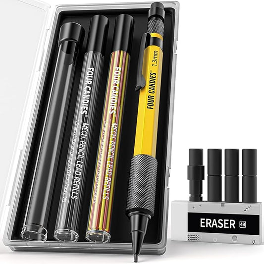 Four Candies 1.3mm Mechanical Pencil Set with 24 Lead Refills, Metal Weatherproof Heavy Duty Outdoor Carpenter Pencil, Eraser, 6 Eraser Refills for Architect Drafting Woodworking Marking with Case-DeskLoop Office