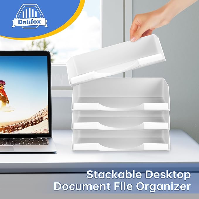 4 Pack Stackable Paper Trays for Letter Documents, Desktop File Organizers for Office Supplies, Stackable Desk Tray Holder for Paper Storage, White-DeskLoop Office