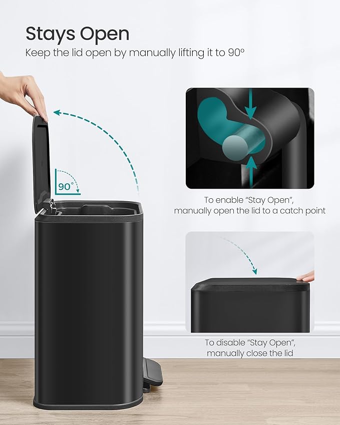 SONGMICS Kitchen Trash Can, 5.2-Gallon (20L) Garbage Can with Lid, Stainless Steel, Soft Close and Stays Open, Inner Bucket, Wide Non-Slip Pedal, Ink Black ULTB542B20-DeskLoop Office