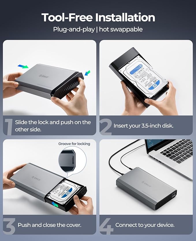 ORICO Aluminum 3.5 Hard Drive Enclosure with USB 3.2 Gen 2 6Gbps Transfer Speed, Fit for 3.5/2.5 Inch SATA HDD SSD Up to 20TB, USB C to USB C/A 2 in 1 Cable Compatible with MacBook Windows(DD35-C3)-DeskLoop Office