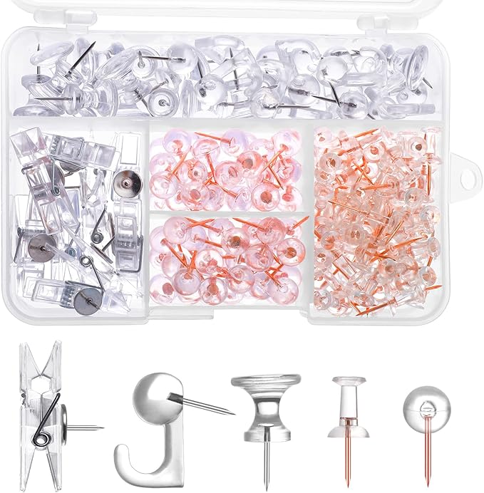 200 Pieces Push Pins Set, 5 Types Clear Thumb Tacks Push Pins for Wall Cork Board Bulletin Boards with Storage Box-DeskLoop Office