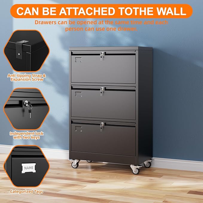 Aobabo 3 Drawer Lateral File Cabinet with Wheels,Metal Filing Cabinet with 3 Lock, for Home Office School Hanging Files Letter/Legal/F4/A4 Size, Assembly Required, Black-DeskLoop Office