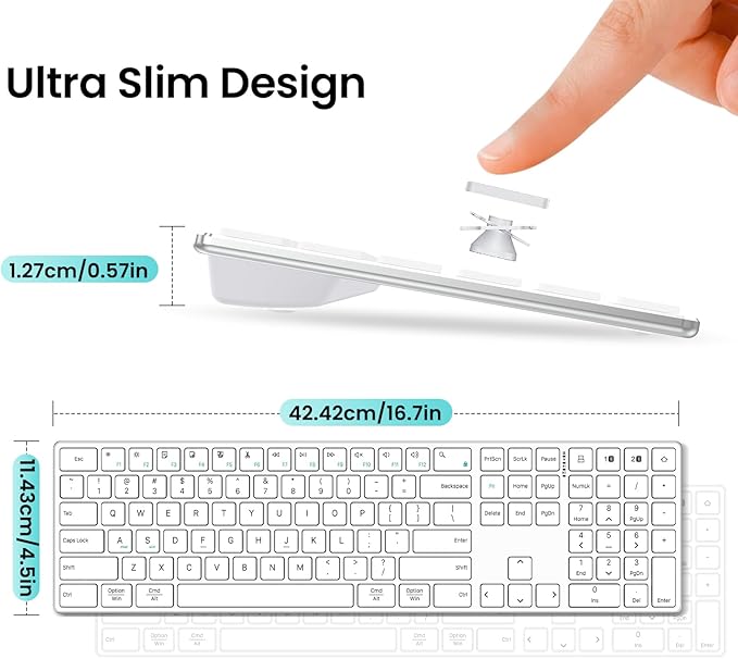 2.4G Wireless and Bluetooth Keyboard with Numeric Keypad, Multi-Device, Rechargeable, Compatible with Mac, Windows (White)-DeskLoop Office