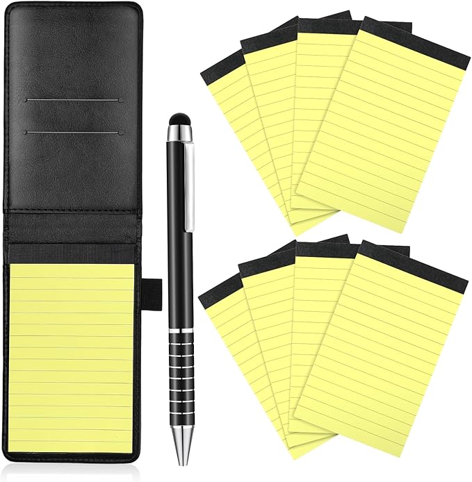 Outus 10 Pcs Pocket Notebook with Pen Set Included Mini Pocket Notepad Holder with 50 Lined Sheets, Metal Pen, 8 Pcs 3 x 5 Inch Memo Book Refills, 30 Lined Paper Per Note Pad (Black, Yellow)-DeskLoop Office
