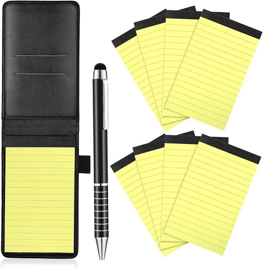 Outus 10 Pcs Pocket Notebook with Pen Set Included Mini Pocket Notepad Holder with 50 Lined Sheets, Metal Pen, 8 Pcs 3 x 5 Inch Memo Book Refills, 30 Lined Paper Per Note Pad (Black, Yellow)-DeskLoop Office