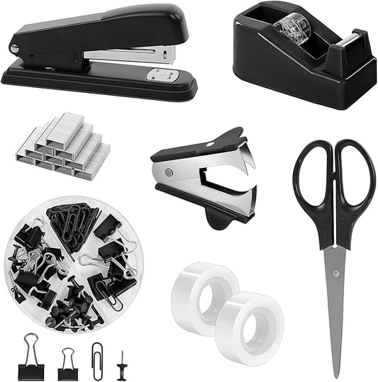 SKYDUE Black Office Supplies Set, Black Desk Accessories, Stapler, Tape Dispenser, Scissors, Binder/Paper Clips and 1000pcs Staples, Desk Supplies Set-DeskLoop Office