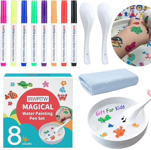IRWPITW Magic Drawing Pen Bundle, 8 Colors Magical Water Painting Pens for Kids, Kiddies Create Magic Pen Floating Ink Drawings Set with Spoons and Towel, Tattoo Water Marker Gifts for Boys and Girls-DeskLoop Office
