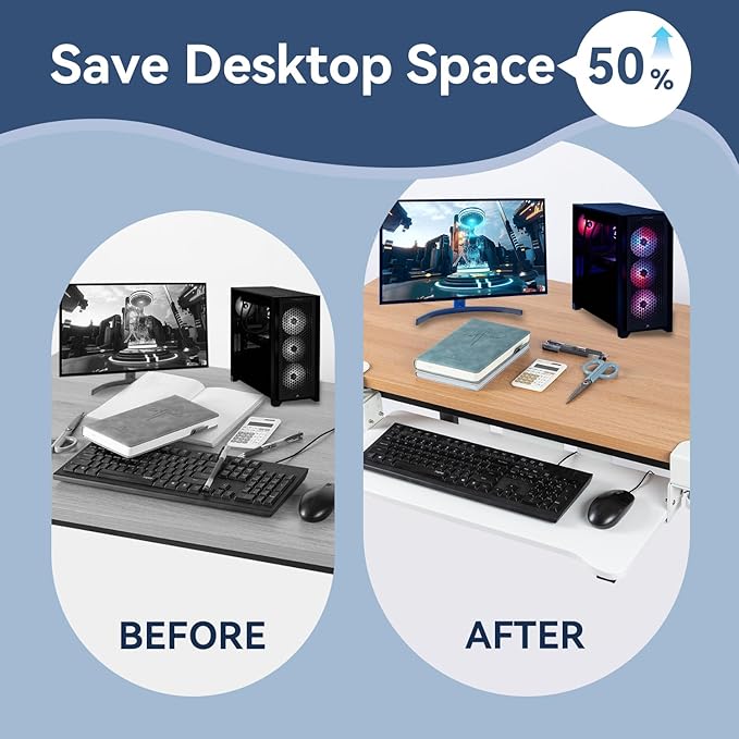 VUSIGN Keyboard Tray Under Desk Height Adjustable,Pull Out with Adjustable C Clamp Mount System for L-Shaped Tables, Extra Sturdy, 26.4” x 11.8” Slide-Out Platform Computer Drawer for Typing,White-DeskLoop Office