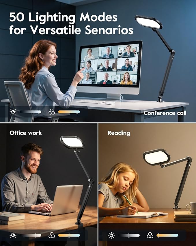 Desk Lamp for Home Office, Eye-Care Dual-Sided Seamless Dimmable LED Desk Light with Knob Remote, Adjustable Arm Clamp Computer Lighting for Video Conference Recording, Zoom Call, Task, Stream-DeskLoop Office