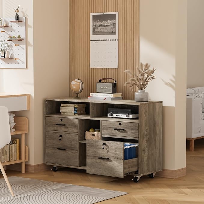 VINGLI Wide 4 Drawer File Cabinet with Lock, Rustic Grey Rolling File Cabinet with Open Shelves, Lockable Printer Stand, Letter Sized-DeskLoop Office