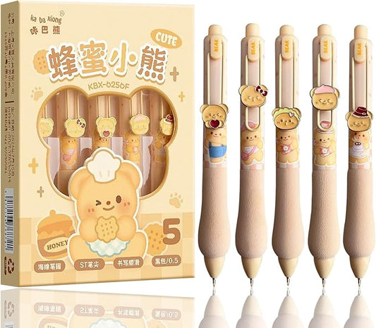 Cute Gel Pens 5Pcs Retractable Quick Dry Ink Pens 0.5mm Fine Point Black Ink Kawaii Smooth Writing Pens for School Office Supplies Aesthetic pretty pens (Honey Bear)-DeskLoop Office