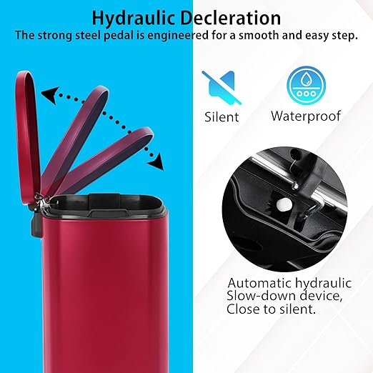 PayLessHere Stainless Steel Trash Can with Lid - Removable Inner Bucket, Foot Pedal, Soft Close for Office, Home, Kitchen (Red, 13 G)-DeskLoop Office