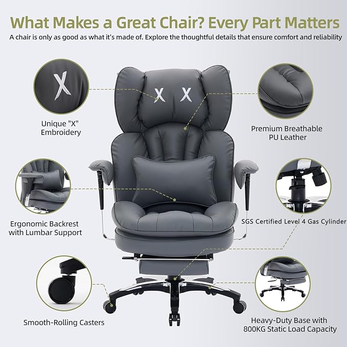 Efomao Big and Tall Office Chair with Footrest – High Back Computer Chair with Adjustable Armrests,Executive Office Chair with Wide Seat, Modern Desk Chair for Home Office, Gaming, or Study, Grey-DeskLoop Office