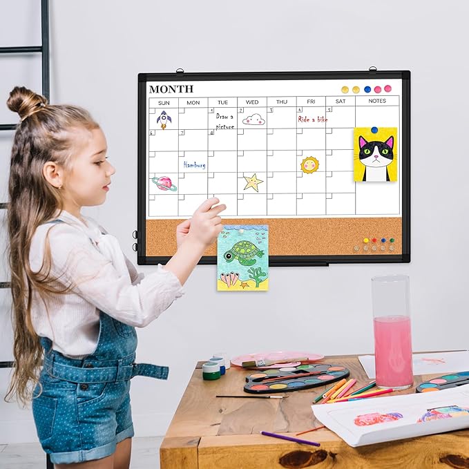 Monthly Calendar Whiteboard Dry Erase Cork Board Combo for Wall, 36" x 24" Magnetic Double-Sided Calendar White Board and Bulletin Board, Portable Board for Office, Kitchen, School, Home-DeskLoop Office