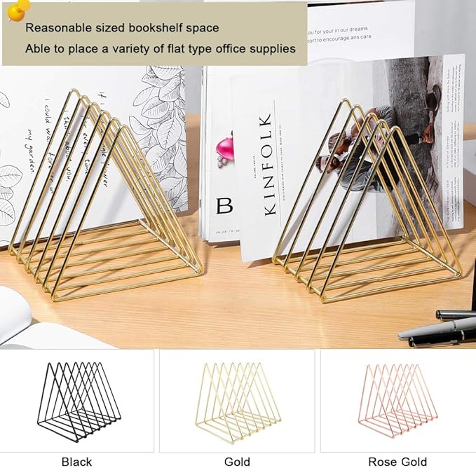 Urban Deco Triangle Desk Organizers Metal Wire Magazine Holder 7 Sections Decorative File Folder Organizer Vinyl Record Storage Office For Desk - Gold Magazine File Holder - Pack of 2-DeskLoop Office