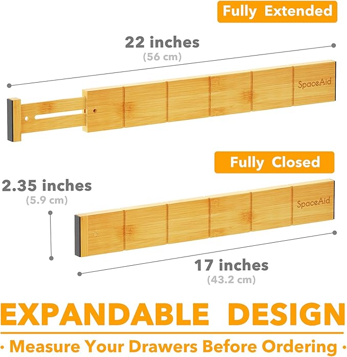 SpaceAid Bamboo Drawer Dividers with Inserts and Labels, Kitchen Adjustable Drawer Organizers, Expandable Organization for Home, Office, Dressers, 7 Dividers with 15 Inserts (17"-22" Natural)-DeskLoop Office