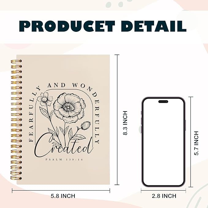 BearCake Floral Christian Notebook Journal, Christian Gifts for Women, Fearfully and Wonderfully Bible Journaling Prayer Journal for Women, Neutral Hardcover Spiral Notebook 5.5x8.3-DeskLoop Office