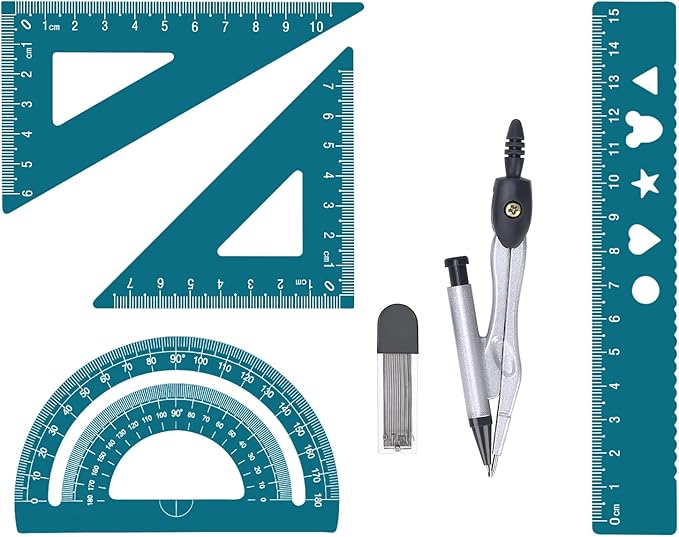 6 Pcs Metal Geometry Set, Math Geometry Kit, Metal Ruler Set and Compass Geometry Tool, Rulers Protractor and Compass Set for Student School and Drawings Supplies (Green)-DeskLoop Office