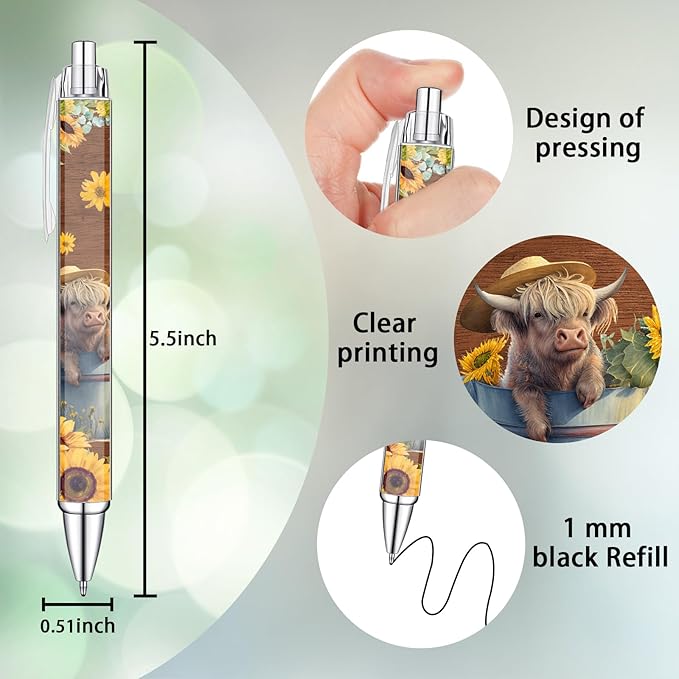 Idealmuzik 8 PCS Cute Highland Cow Print Pens, Cow Lovers Gifts, School Office Supplies, Gifts for Women Girls Teen Christmas New Year-DeskLoop Office