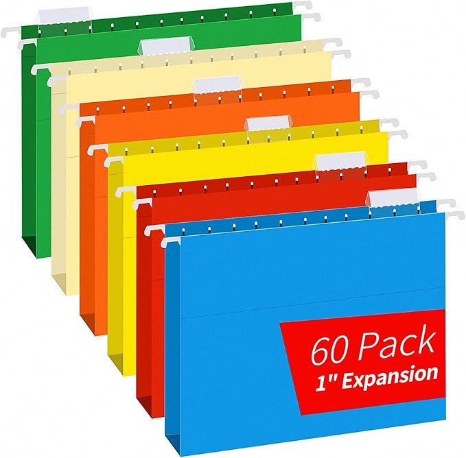 Extra Capacity Hanging File Folders, RAZCC 60 Pack Letter Size Reinforced Hanging Folders with Heavy Duty 1 Inch Expansion for Bulky Files, Filing Cabinet, Adjustable Tabs, Assorted Colors-DeskLoop Office