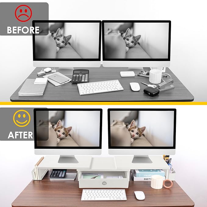 Dual Monitor Stand Riser w/ Drawer & Metal Leg, Large White Computer Monitor Riser w/ Storage For 2 Screens, Desk Shelf w/ Adjustable Length & Angle, Desktop Organizer-DeskLoop Office