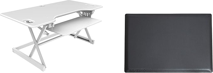Rocelco 46" Large Height Adjustable Standing Desk Converter with Anti Fatigue Mat BUNDLE - Quick Sit Stand Up Triple Monitor Riser - Retractable Keyboard Tray - White (R DADRW-46-MAFM)-DeskLoop Office