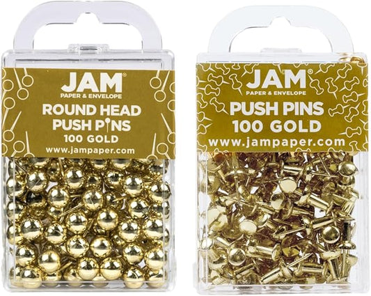 JAM PAPER Colorful Push Pins - Flat & Round Head Thumb Tack Combo Set - Gold Pushpins - 200/Pack-DeskLoop Office