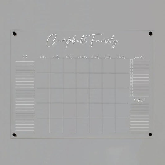 Personalized Clear Acrylic Calendar for Wall, Calendar Whiteboard for Wall, Dry Erase Wall Calendar, Wall Calendar Organizer System for Home (Cursive, White, 47.5"W x 36"H)-DeskLoop Office