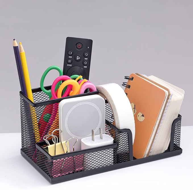 Pen Holder Mesh Metal Pencil Holder Desk Organizers Black for Desk Office with 3 Compartments Pencil Holders,Desktop Storage Caddy Organization,Suitable for School, Home,Black-DeskLoop Office