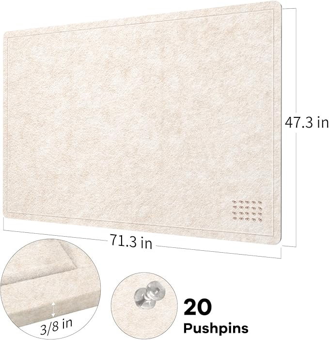 Large Bulletin Board - 72 x 48 Inches, Decorative Felt Pin Board for Wall - 6' x 4' Foldable Photo Display Board with Self-Adhesive Tape, Includes 20 Push Pins - Oatmeal